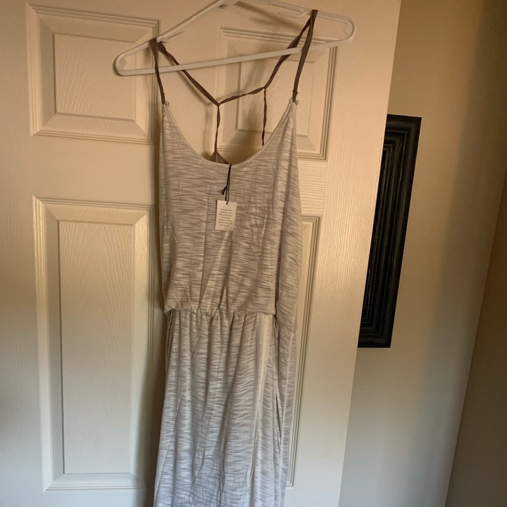White and tan maxi dress with open front